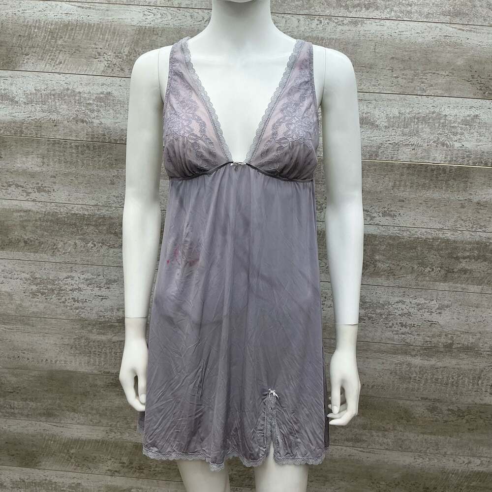 Victoria's Secret Lilac Satin Lace Trim Babydoll Nightdress Slip Size L  AS/IS